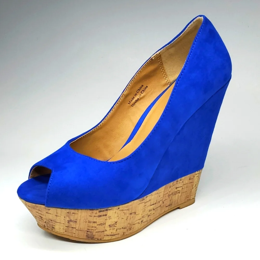 Forever 21 Blue Faux Suede Cork Like Wedge Peep Toe Platform Shoes 8